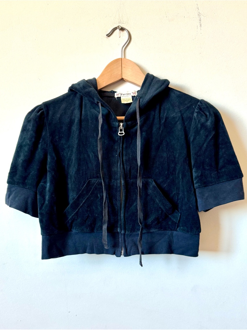 Vintage Forever 21 Black Velour Cropped Puff Sleeve Zip Hoodie Sz M